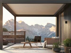 Als Schutz vor Wind und Regen ist das Lamellendach «Lamaxa» nahezu ganzjährig nutzbar. Je nach Ausführung können die Lamellen nicht nur gewendet, sondern auch ein- und ausgefahren werden. PM Outdoor Design.