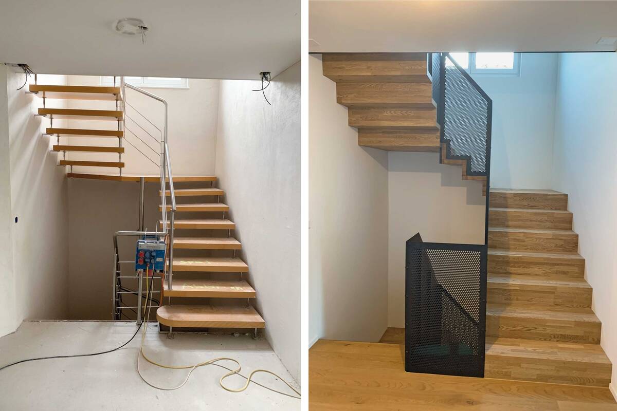 Das Haus wurde komplett saniert. Die alte Treppe passte nicht mehr ins neue Konzept. Die neue Treppe sollte optisch etwas Aussergewöhnliches sein, ausserdem kindersicher und gut begehbar. Das neue, geschlossene Metallgeländer lädt nicht zum Klettern ein. Durch die Lochung wirkt es trotz der tiefschwarzen Lackierung leicht. Die Massivholzstufen wurden dem Eichenparkett des Wohnraums angepasst. Keller Treppenbau AG.