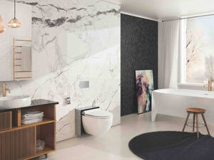 Das Dusch-WC «P1» fügt sich elegant ins stilvolle Badezimmer ein. Wasser- perlen aus Silikondüsen und ein Föhn mit Fächerwirkung sorgen für eine hygienische Reinigung auf technisch hohem Niveau. LaPreva.