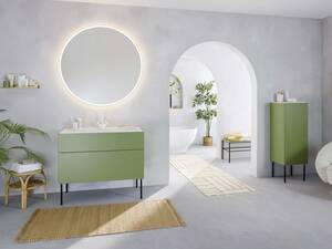 Mit der Idee, ein warmes Spa-Gefühl im Badezimmer zu kreieren, hat Sanitas Troesch zusammen mit dem Design-Duo Steffensen und Würtz die Badmöbelkollektion «alani» entwickelt, die unter anderem mit farbigen Möbeln überrascht. Sanitas Troesch AG.
