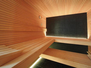Dunkles Grün und das warme Holz sorgen für eine stimmige Farbgebung der Sauna im Stabprofil. Eingesetzt wurde das robuste Holz der Hemlock-Tanne. Sanatherm.